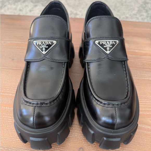 Prada Black Leather Lug-Sole Monolith Loafers with Logo Plaque - Picture 3 of 8